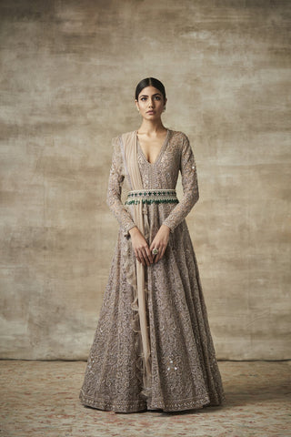 Soft Pink Net Indo Western Gown Embellished with Beads and Stone work along  with Dupatta|Gowns-Diademstore.com
